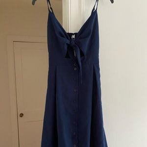 Tie front, navy, midi dress with button detail